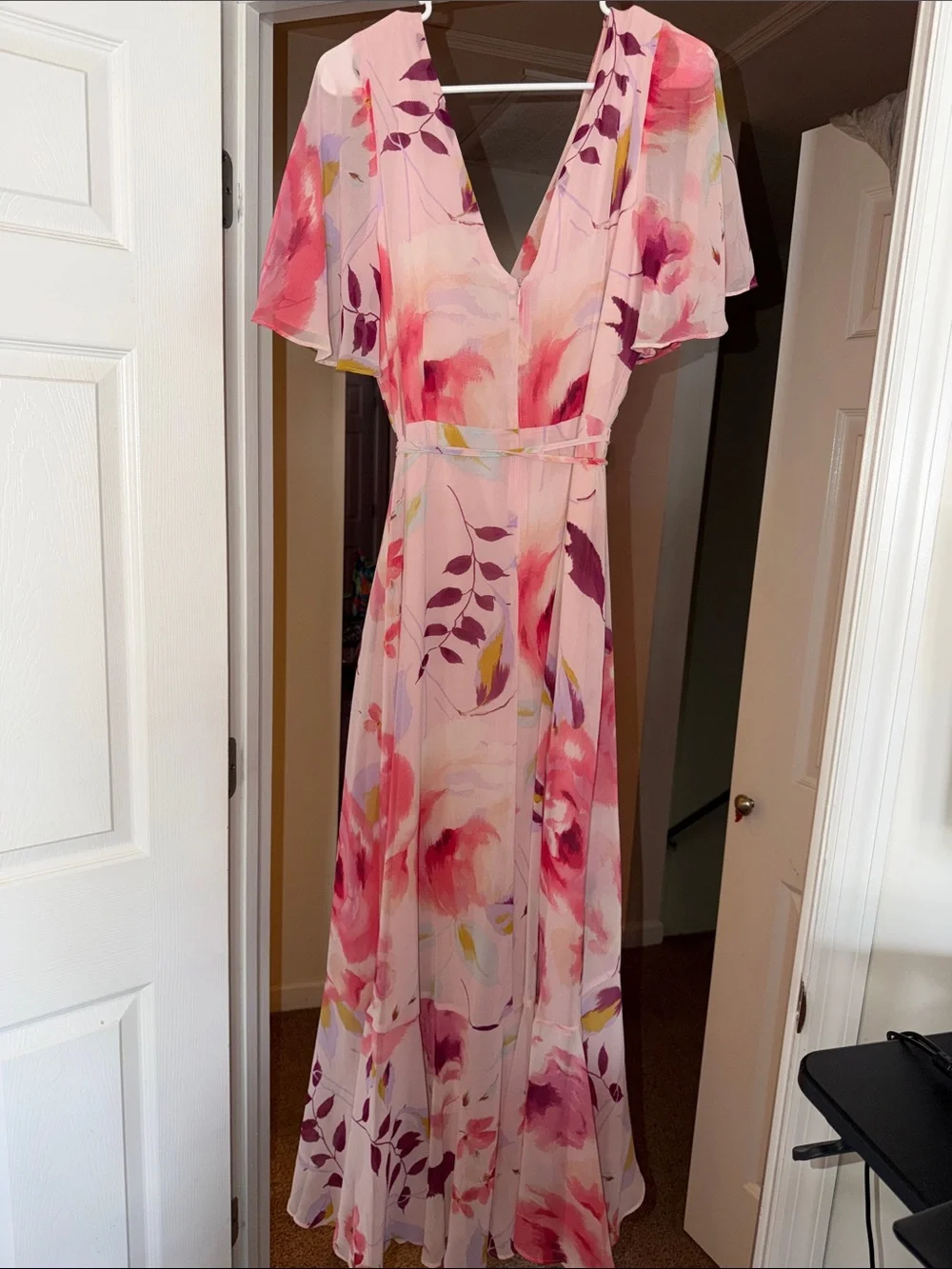 Taylor Pink Floral Wrap Maxi Dress with Flutter Sleeves